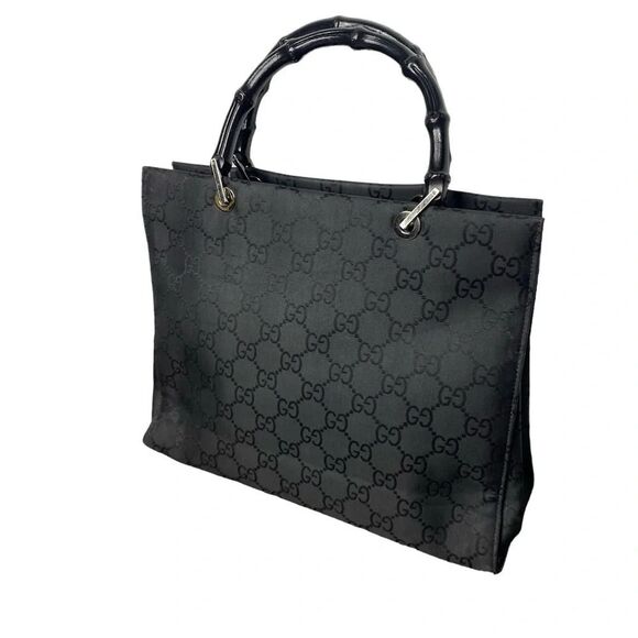 GUCCI Black Bamboo Handle Monogram Canvas Shopper Handbag Purse Y2K Vintage - Picture 3 of 12